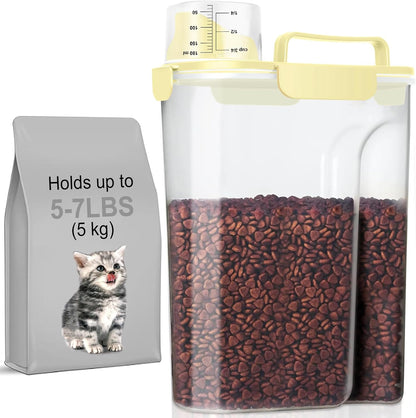 5-7Lbs Cat Dog Storage Container, Portable Pet Food Containers with Upgraded Large Spout and Cup, Small Animal Kibble Dispenser for Bird Seed, Oatmeal, Rice, Flour, Brown Sugart-Light Yellow