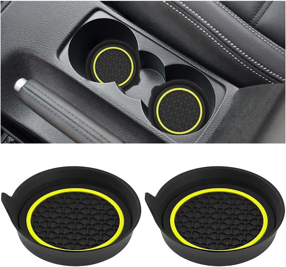 Car Cup Holder Coasters, 2PCS Non Slip Waterproof Vehicle Water Bottle Pads, Recessed Automotive Drink Mat Decoration Accessories, Universal Fit (Yellow/Black)