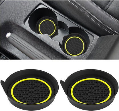 Car Cup Holder Coasters, 2PCS Non Slip Waterproof Vehicle Water Bottle Pads, Recessed Automotive Drink Mat Decoration Accessories, Universal Fit (Yellow/Black)