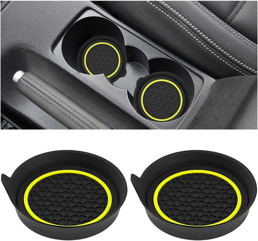 Car Cup Holder Coasters, 2PCS Non Slip Waterproof Vehicle Water Bottle Pads, Recessed Automotive Drink Mat Decoration Accessories, Universal Fit (Yellow/Black)