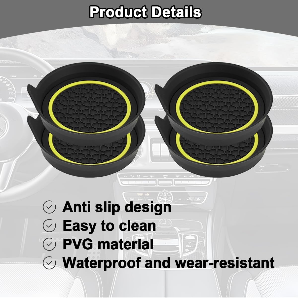 Car Cup Holder Coasters, 2PCS Non Slip Waterproof Vehicle Water Bottle Pads, Recessed Automotive Drink Mat Decoration Accessories, Universal Fit (Yellow/Black)