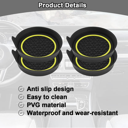 Car Cup Holder Coasters, 2PCS Non Slip Waterproof Vehicle Water Bottle Pads, Recessed Automotive Drink Mat Decoration Accessories, Universal Fit (Yellow/Black)