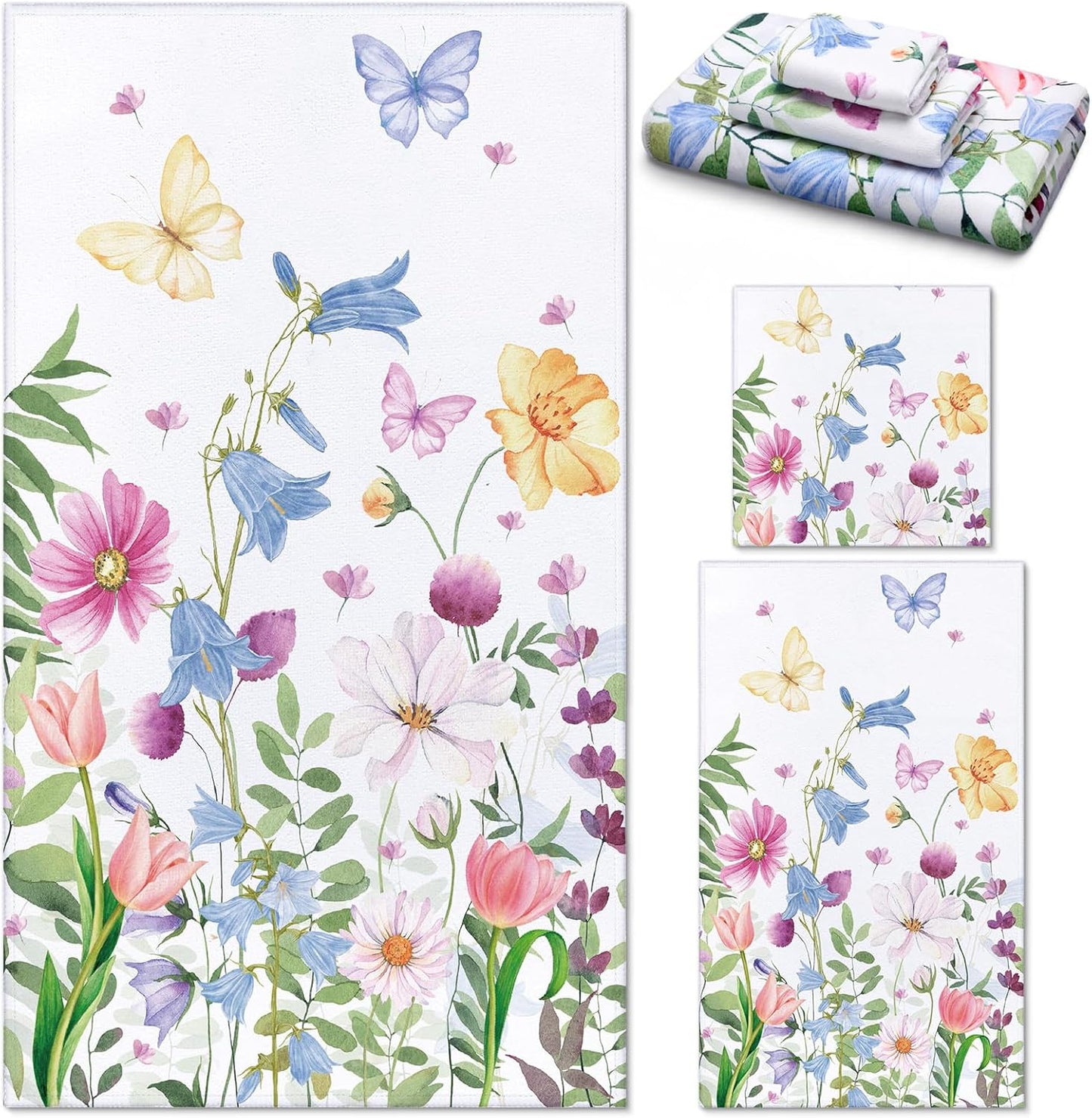 3 Pack Floral Hand Towels Spring Bathroom Towels Set Watercolor Wildflower Hand Towels Butterfly Bath Towels Plant Leaves Dish Towels for Bathroom Kitchen Hotel Gym Spa