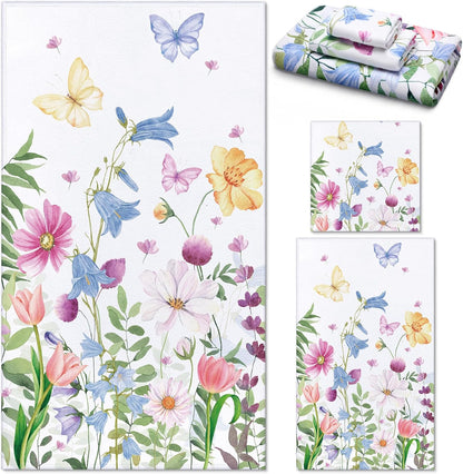 3 Pack Floral Hand Towels Spring Bathroom Towels Set Watercolor Wildflower Hand Towels Butterfly Bath Towels Plant Leaves Dish Towels for Bathroom Kitchen Hotel Gym Spa