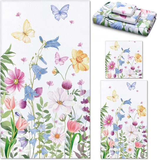 3 Pack Floral Hand Towels Spring Bathroom Towels Set Watercolor Wildflower Hand Towels Butterfly Bath Towels Plant Leaves Dish Towels for Bathroom Kitchen Hotel Gym Spa