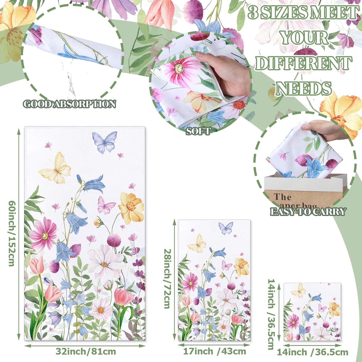 3 Pack Floral Hand Towels Spring Bathroom Towels Set Watercolor Wildflower Hand Towels Butterfly Bath Towels Plant Leaves Dish Towels for Bathroom Kitchen Hotel Gym Spa