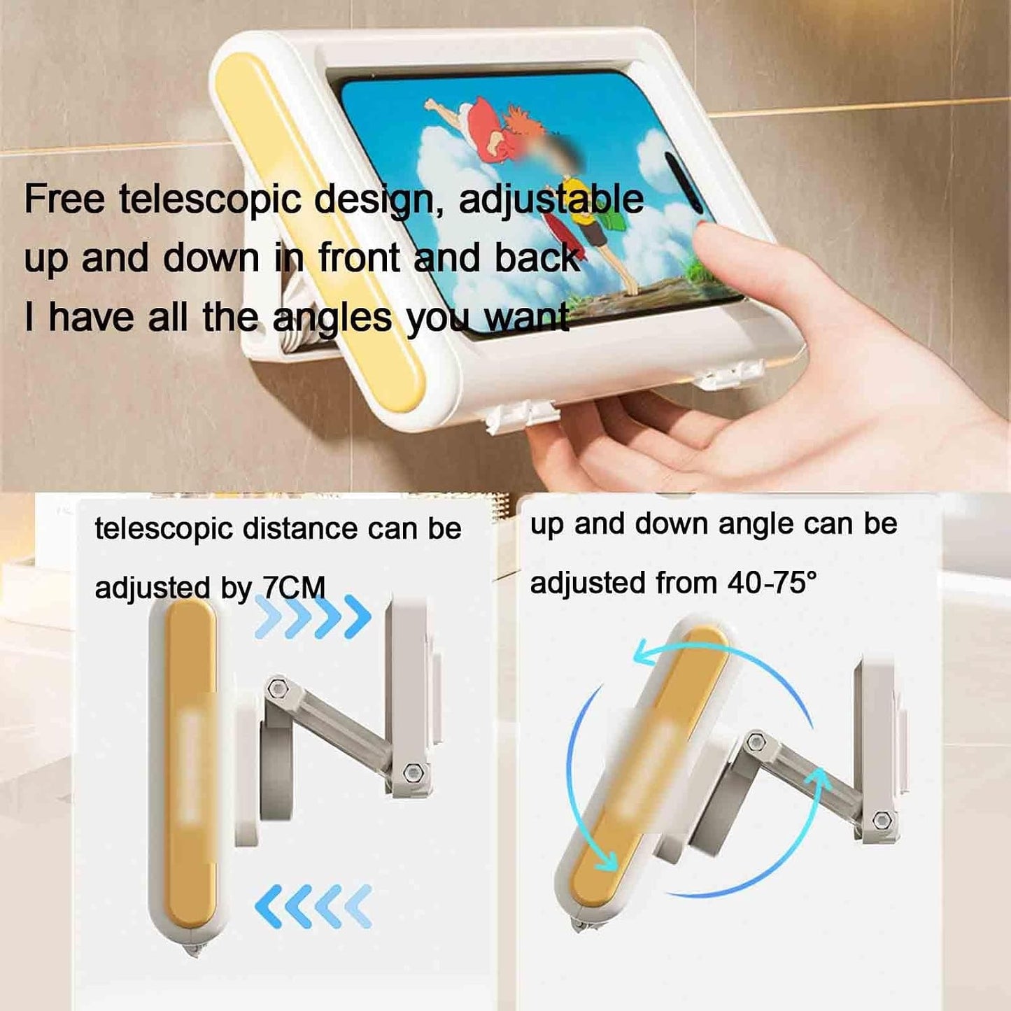 All-Inclusive Shower Phone Case Waterproof 360° Rotation Shower Phone Holder Extendable Adjustable for Pools Sensitive Screen for Tabletop(Beige-Yellow)