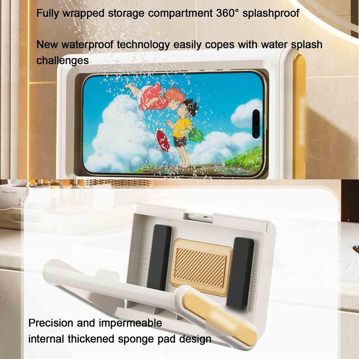 All-Inclusive Shower Phone Case Waterproof 360° Rotation Shower Phone Holder Extendable Adjustable for Pools Sensitive Screen for Tabletop(Beige-Yellow)