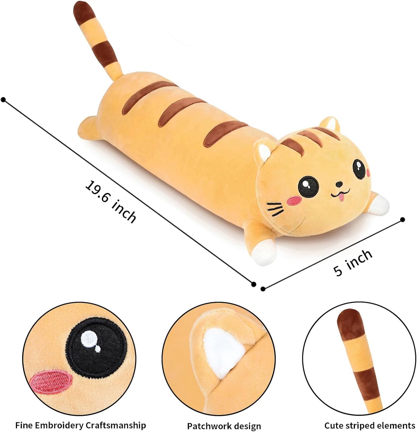 Long Cat Plush Cute Body Stuffed Animal Pillows, Yellow 19.6 Inch | Soft Cat Plushies Kawaii Room Decor Toy Gift for Kids Cat Lovers