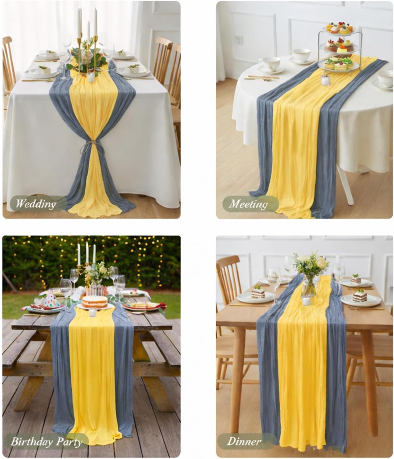 Cheesecloth Table Runner 2 Pack Dusty Blue and Lemon Yellow, Boho Gauze Table Runner 10Ft 120 Inches Long for Wedding Decor, Party & Home Table Decoration