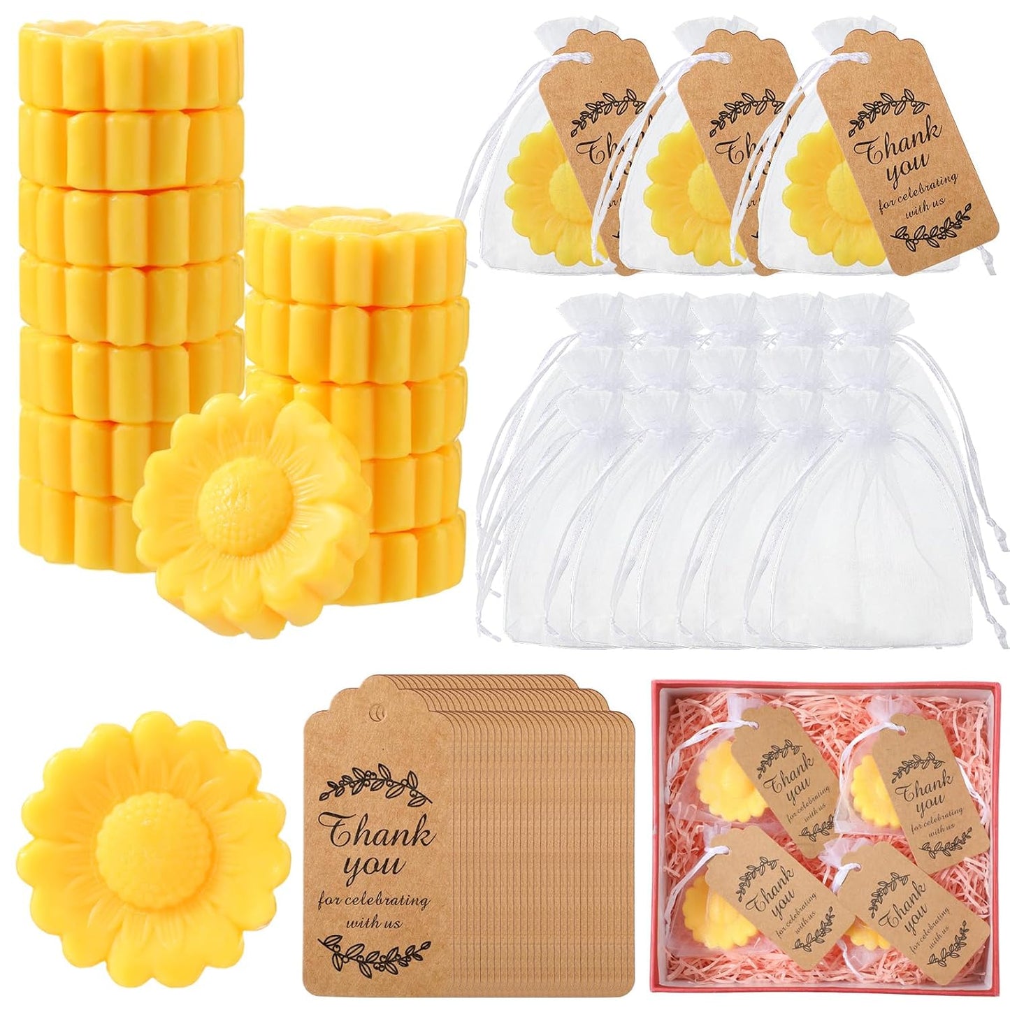 25 Set Sunflower Mini Soap for Wedding Party Favors Bridal Shower Favors Baby Shower Soap Guests Gifts Small Handmade with Drawstring Organza Bags and Thank You Cards(Yellow)
