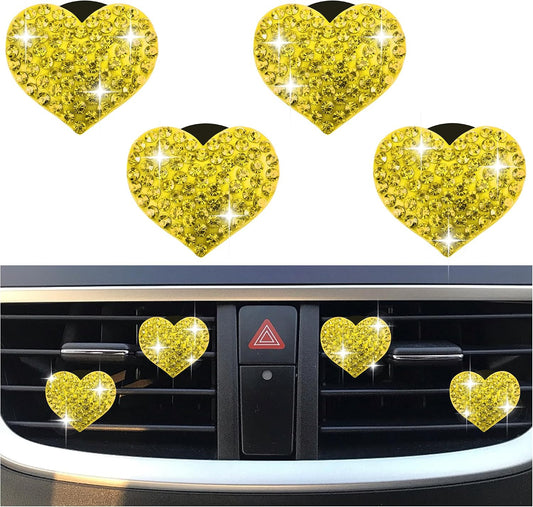 4PCS Heart-Shaped Car Vent Clips with Rhinestone,Bling Air Vent Clips Car Decorations,Premium Shiny Car Clips for Vents Accessories Interior (Yellow)