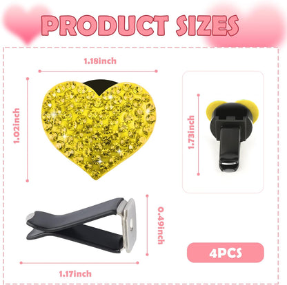 4PCS Heart-Shaped Car Vent Clips with Rhinestone,Bling Air Vent Clips Car Decorations,Premium Shiny Car Clips for Vents Accessories Interior (Yellow)