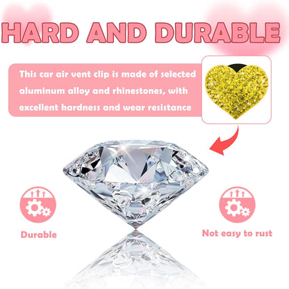 4PCS Heart-Shaped Car Vent Clips with Rhinestone,Bling Air Vent Clips Car Decorations,Premium Shiny Car Clips for Vents Accessories Interior (Yellow)