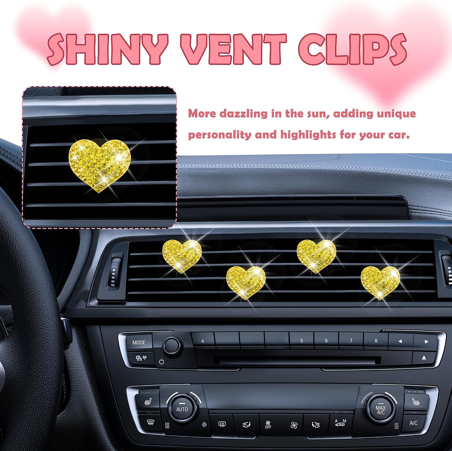 4PCS Heart-Shaped Car Vent Clips with Rhinestone,Bling Air Vent Clips Car Decorations,Premium Shiny Car Clips for Vents Accessories Interior (Yellow)