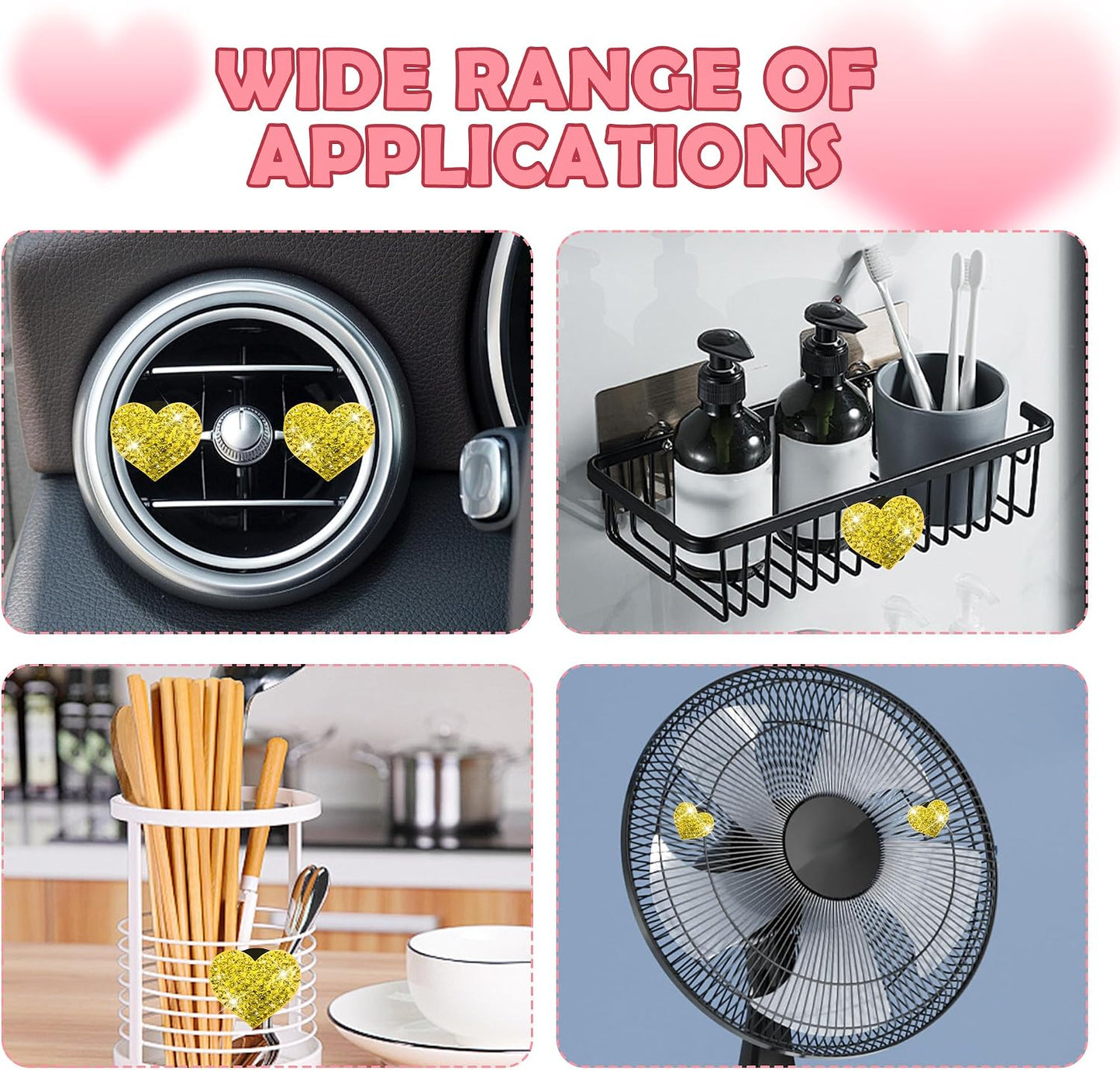 4PCS Heart-Shaped Car Vent Clips with Rhinestone,Bling Air Vent Clips Car Decorations,Premium Shiny Car Clips for Vents Accessories Interior (Yellow)
