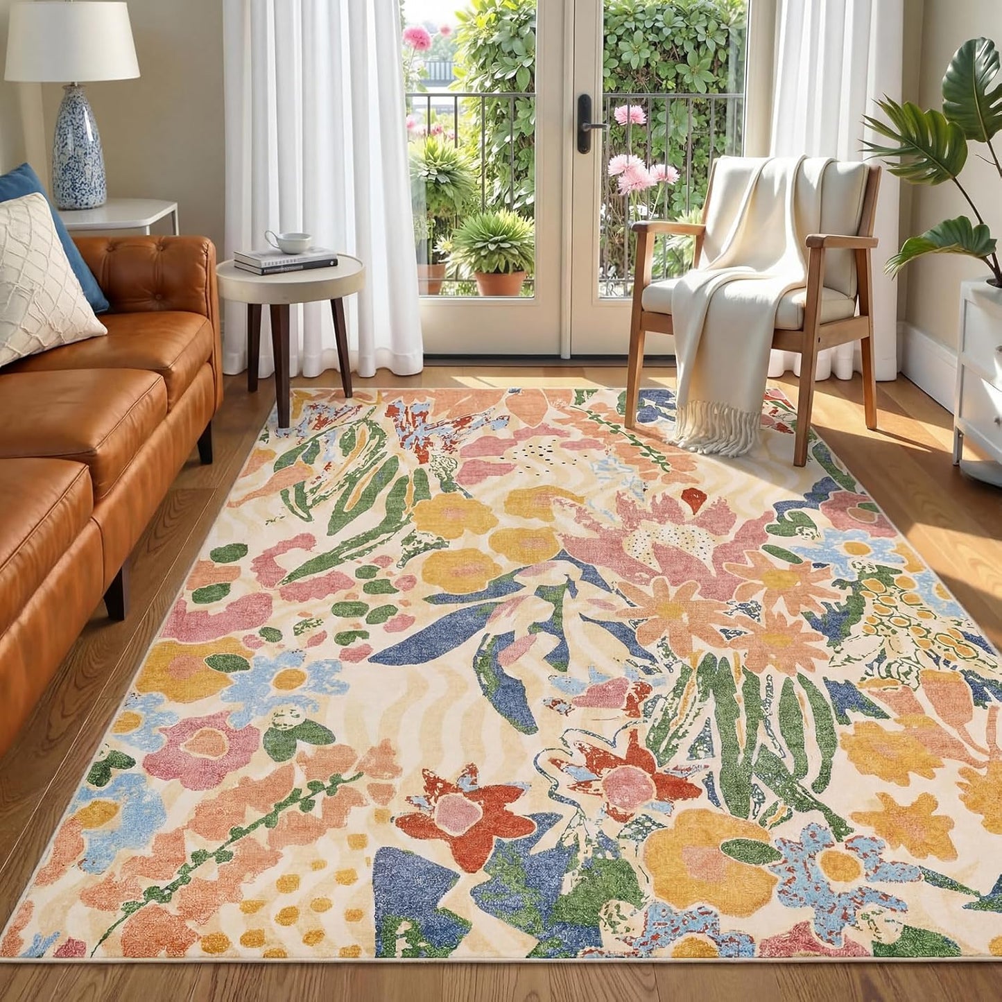 5×7 Area Rug for Living Room,Washable Area Rug Non-Slip TPR Backing, Watercolor Floral Meadow Print Faux Wool Low Pile Carpet for Living Room Bedroom Dining Room, Yellow Base