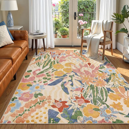 5×7 Area Rug for Living Room,Washable Area Rug Non-Slip TPR Backing, Watercolor Floral Meadow Print Faux Wool Low Pile Carpet for Living Room Bedroom Dining Room, Yellow Base