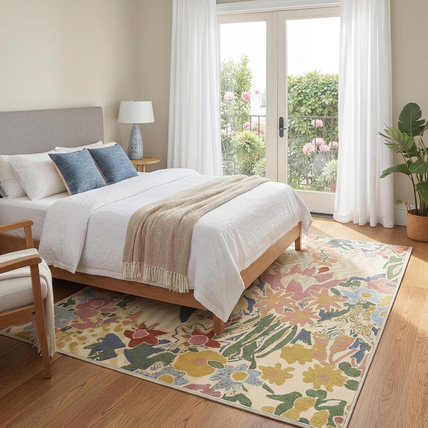 5×7 Area Rug for Living Room,Washable Area Rug Non-Slip TPR Backing, Watercolor Floral Meadow Print Faux Wool Low Pile Carpet for Living Room Bedroom Dining Room, Yellow Base