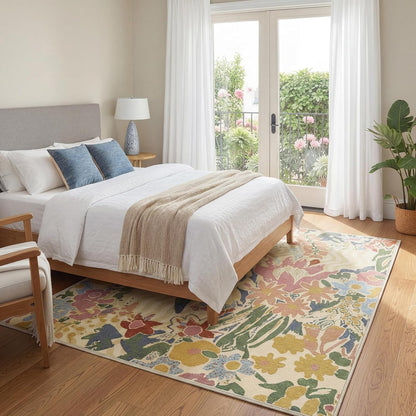 5×7 Area Rug for Living Room,Washable Area Rug Non-Slip TPR Backing, Watercolor Floral Meadow Print Faux Wool Low Pile Carpet for Living Room Bedroom Dining Room, Yellow Base