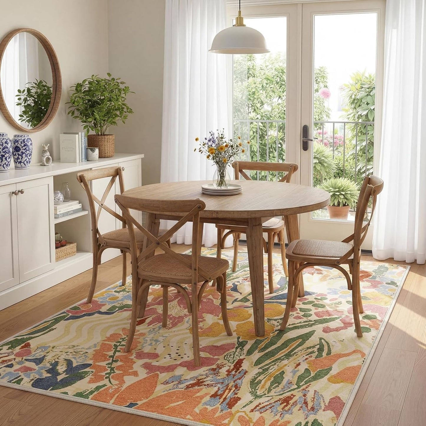 5×7 Area Rug for Living Room,Washable Area Rug Non-Slip TPR Backing, Watercolor Floral Meadow Print Faux Wool Low Pile Carpet for Living Room Bedroom Dining Room, Yellow Base