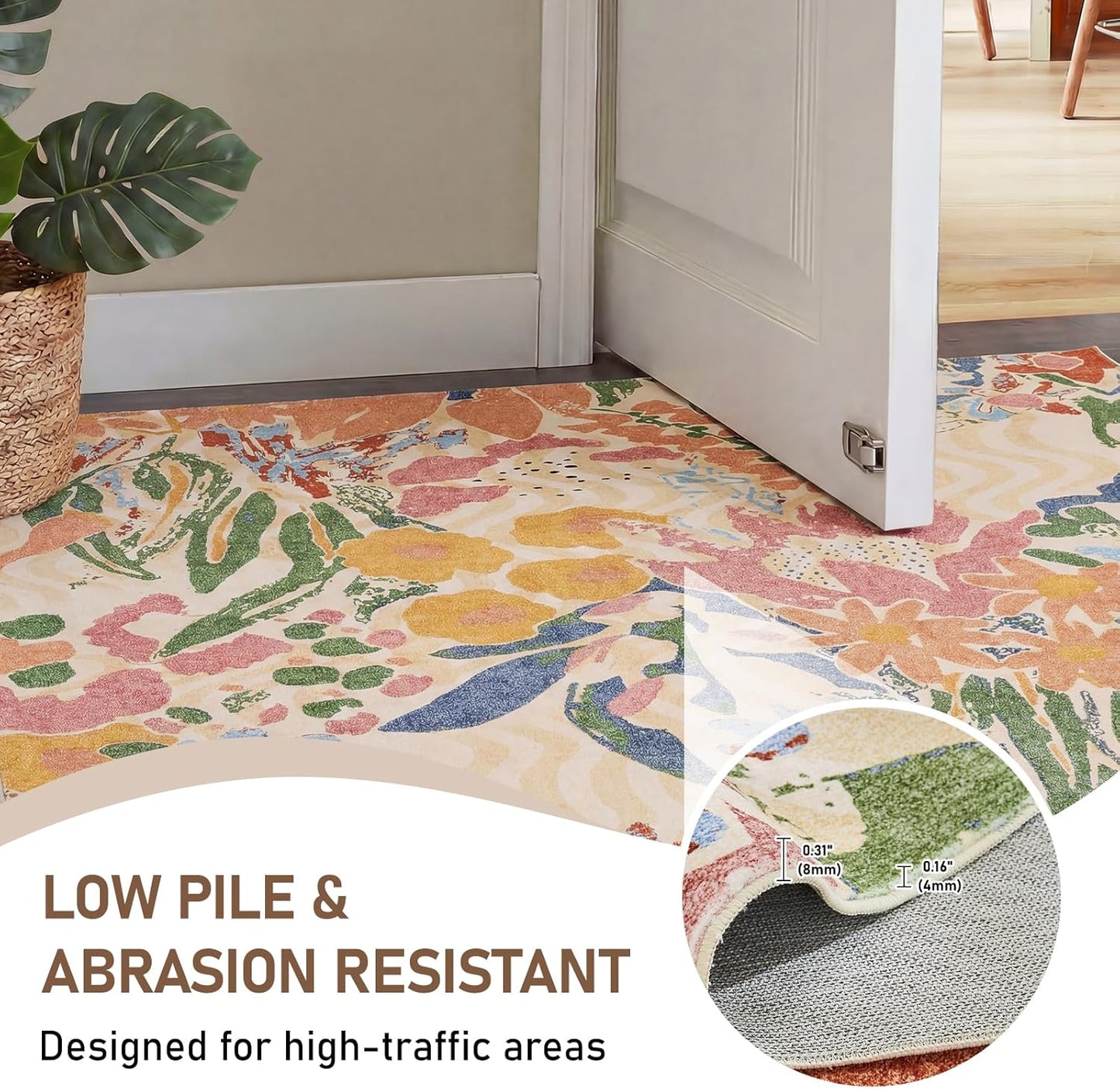 5×7 Area Rug for Living Room,Washable Area Rug Non-Slip TPR Backing, Watercolor Floral Meadow Print Faux Wool Low Pile Carpet for Living Room Bedroom Dining Room, Yellow Base