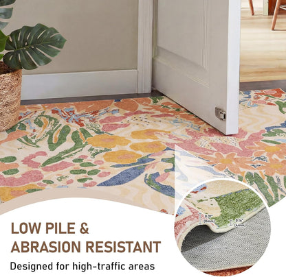 5×7 Area Rug for Living Room,Washable Area Rug Non-Slip TPR Backing, Watercolor Floral Meadow Print Faux Wool Low Pile Carpet for Living Room Bedroom Dining Room, Yellow Base