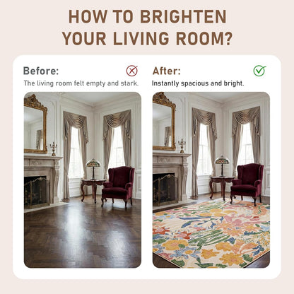 5×7 Area Rug for Living Room,Washable Area Rug Non-Slip TPR Backing, Watercolor Floral Meadow Print Faux Wool Low Pile Carpet for Living Room Bedroom Dining Room, Yellow Base