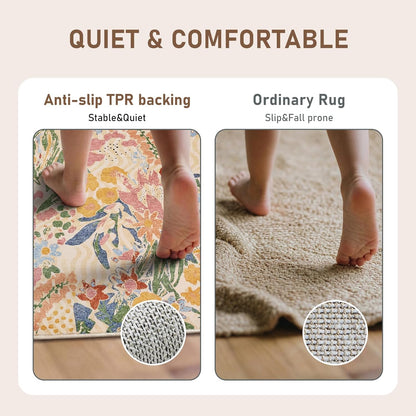 5×7 Area Rug for Living Room,Washable Area Rug Non-Slip TPR Backing, Watercolor Floral Meadow Print Faux Wool Low Pile Carpet for Living Room Bedroom Dining Room, Yellow Base