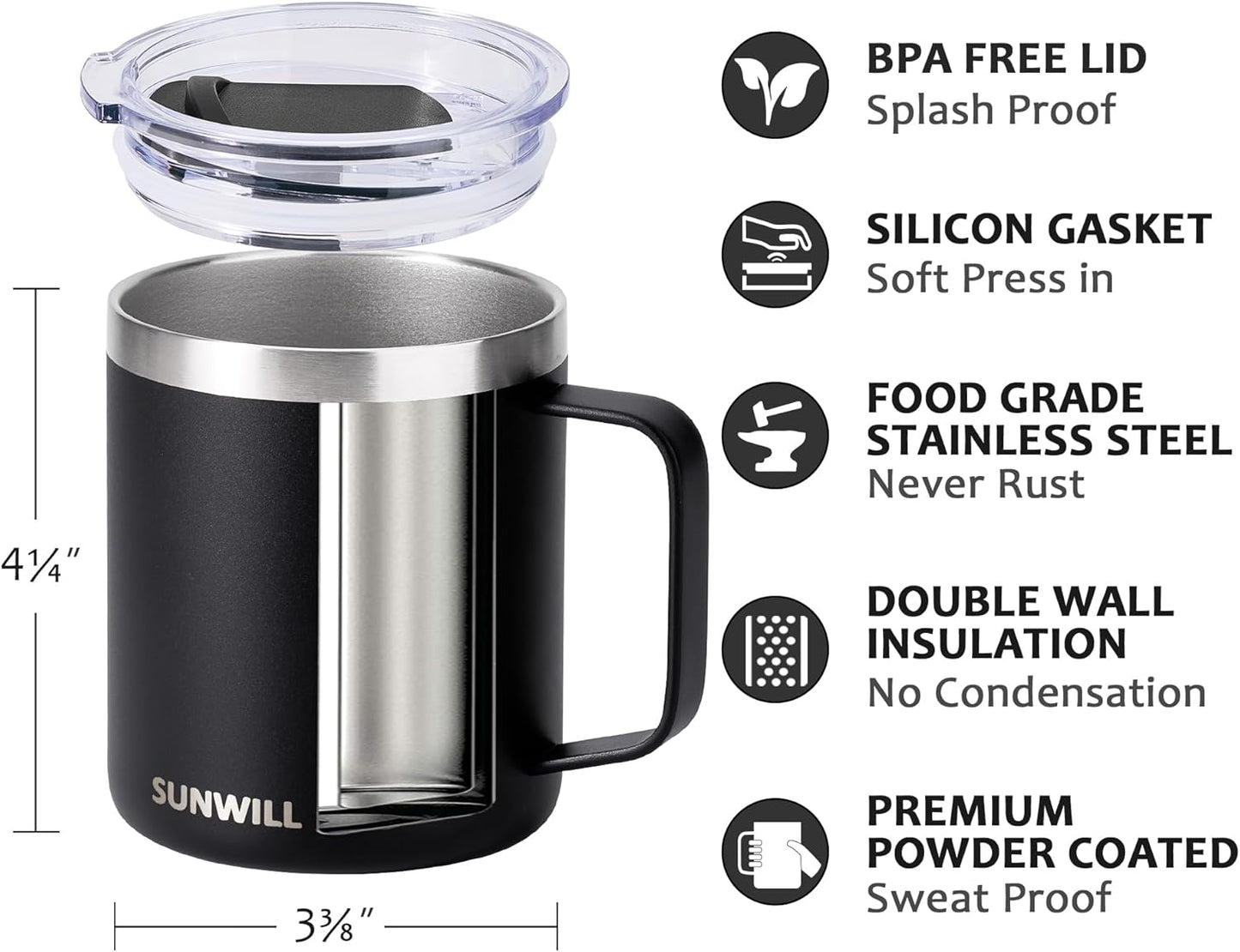 Insulated Coffee Mug with Lid, Travel Tumbler with Handle, 14 oz Stainless Steel Cup for Camping, Office, Home, Powder Coated Yellow
