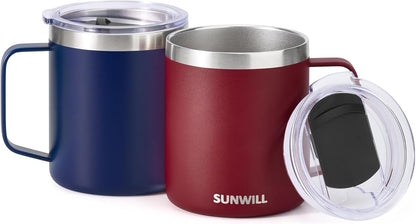 Insulated Coffee Mug with Lid, Travel Tumbler with Handle, 14 oz Stainless Steel Cup for Camping, Office, Home, Powder Coated Yellow
