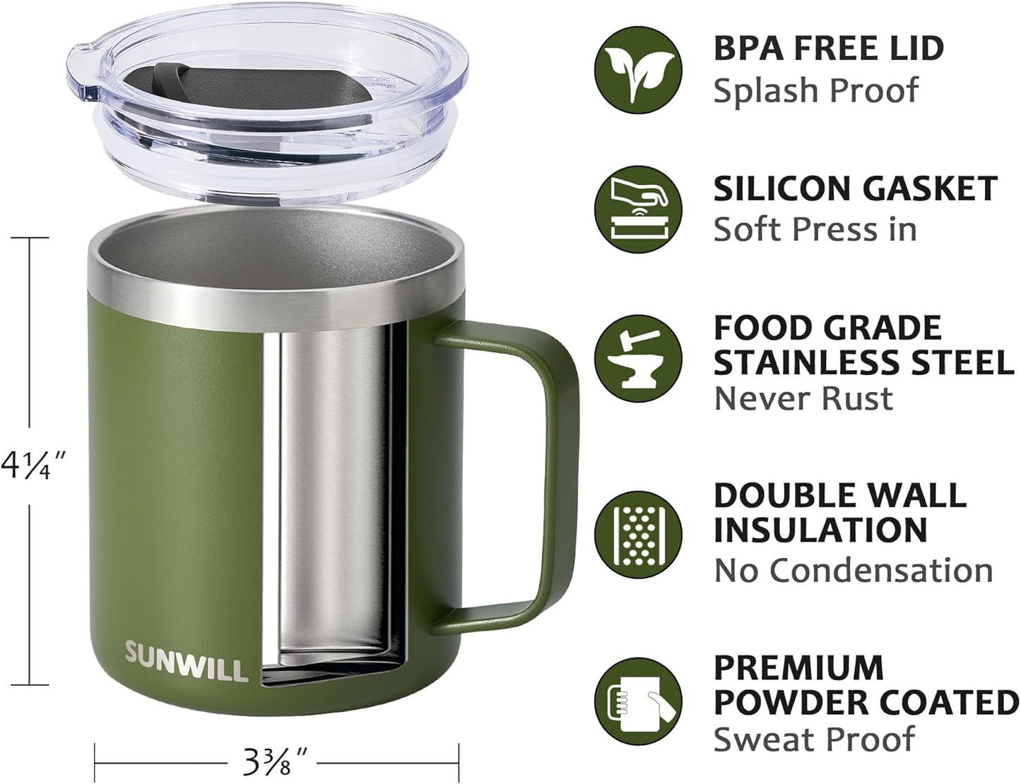 Insulated Coffee Mug with Lid, Travel Tumbler with Handle, 14 oz Stainless Steel Cup for Camping, Office, Home, Powder Coated Yellow