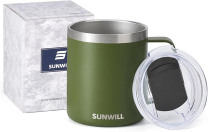 Insulated Coffee Mug with Lid, Travel Tumbler with Handle, 14 oz Stainless Steel Cup for Camping, Office, Home, Powder Coated Yellow