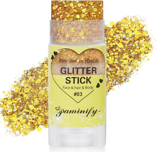 Gold Hair Glitter Stick,Gold Yellow Body Face Glitter Makeup,Rave Mardi Gras Accessories Carnival Holographic Sequins,Singer Concert Outfits for Women,Waterproof Shimmer Body Face Paint