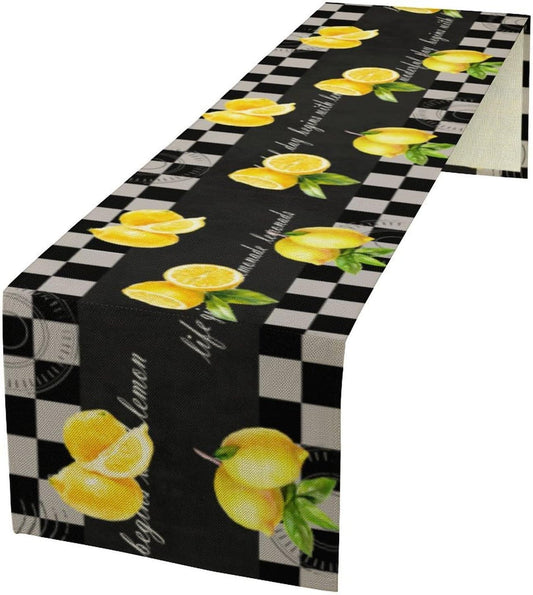 Lemon Table Runner, Summer Fruit Black White Buffalo Plaid Table Runner for Home Kitchen Table Decor Dining Coffee Room Party Decor 13x36 Inch