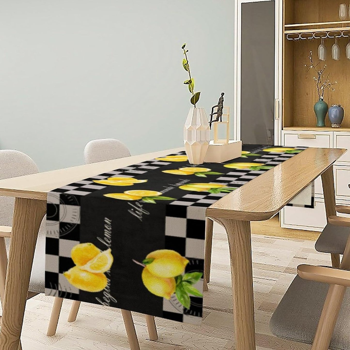 Lemon Table Runner, Summer Fruit Black White Buffalo Plaid Table Runner for Home Kitchen Table Decor Dining Coffee Room Party Decor 13x36 Inch
