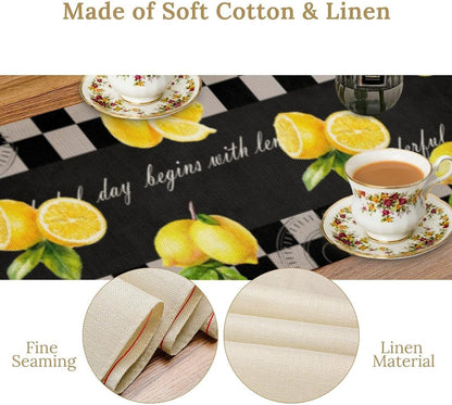 Lemon Table Runner, Summer Fruit Black White Buffalo Plaid Table Runner for Home Kitchen Table Decor Dining Coffee Room Party Decor 13x36 Inch