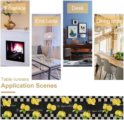 Lemon Table Runner, Summer Fruit Black White Buffalo Plaid Table Runner for Home Kitchen Table Decor Dining Coffee Room Party Decor 13x36 Inch