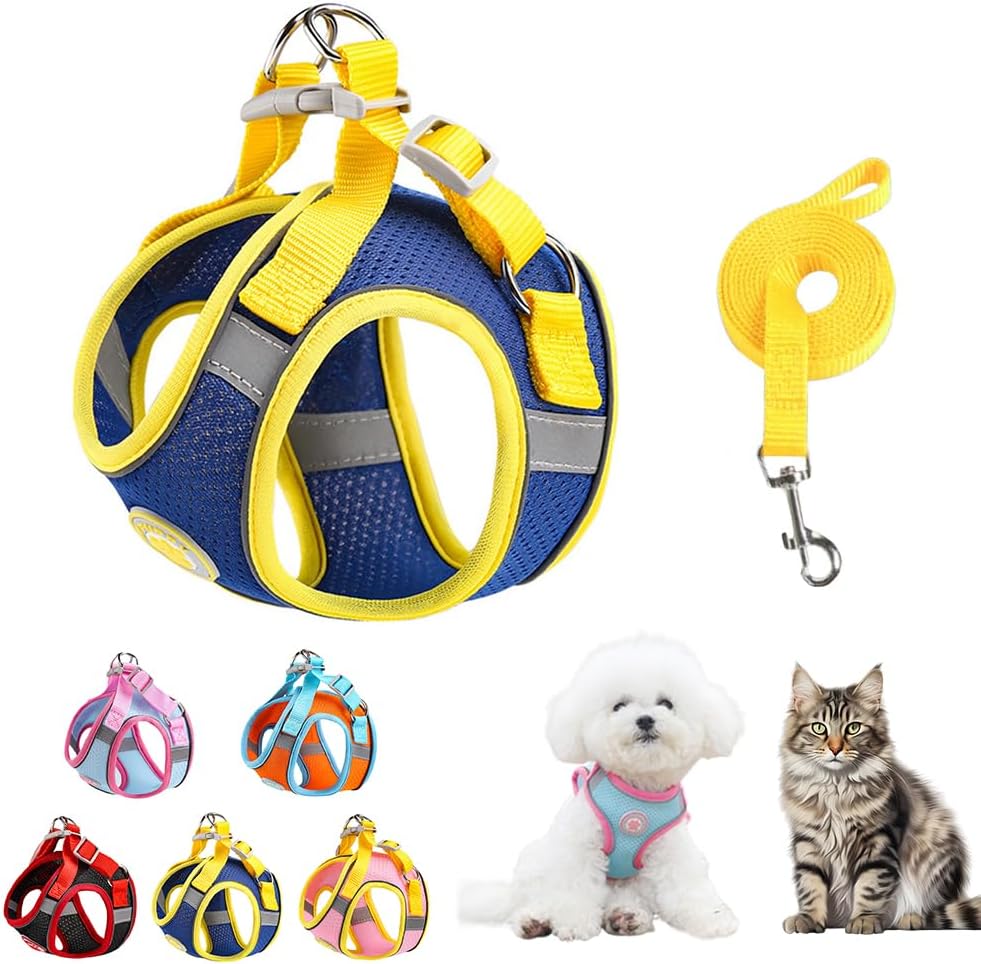 Dog Harness for Small Medium Dogs, Kitten Harness and Leash Set, Step in Harness for Walking, Running, Training, Small Puppy and Cat Vest (Yellow and Blue, XL)