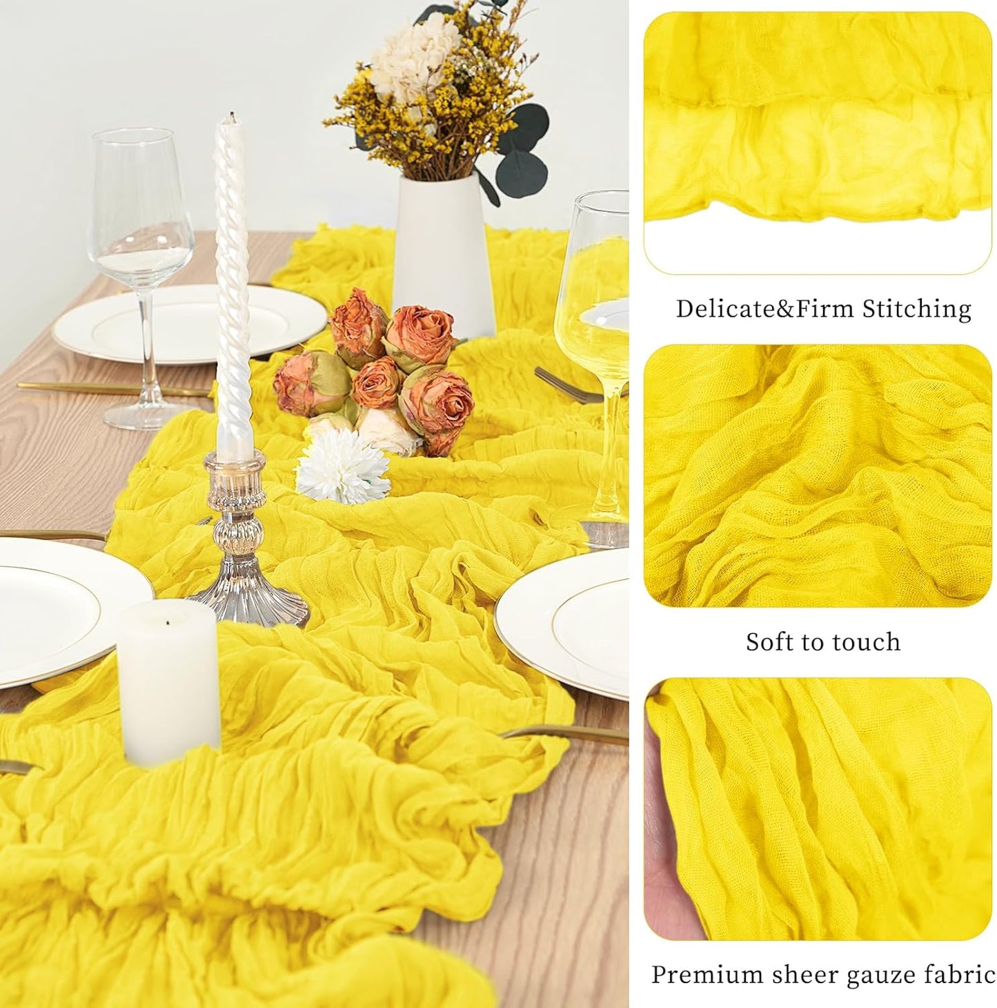 10 Pack Yellow Table Runner 10Ft Cheesecloth Table Runner Boho Gauze Table Runners Romantic Long Sheer Fabric Cheese Cloth Table Runners for Wedding Party Bridal Shower(Yellow)