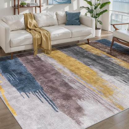 Ciicool Modern Abstract Yellow Gray Rug for Living Room, 4'x6' Machine Washable Area Rug Non-Slip Rug, Low-Pile Contemporary Indoor Dining Floor Carpet for Bedroom Office Under Table Home Decor