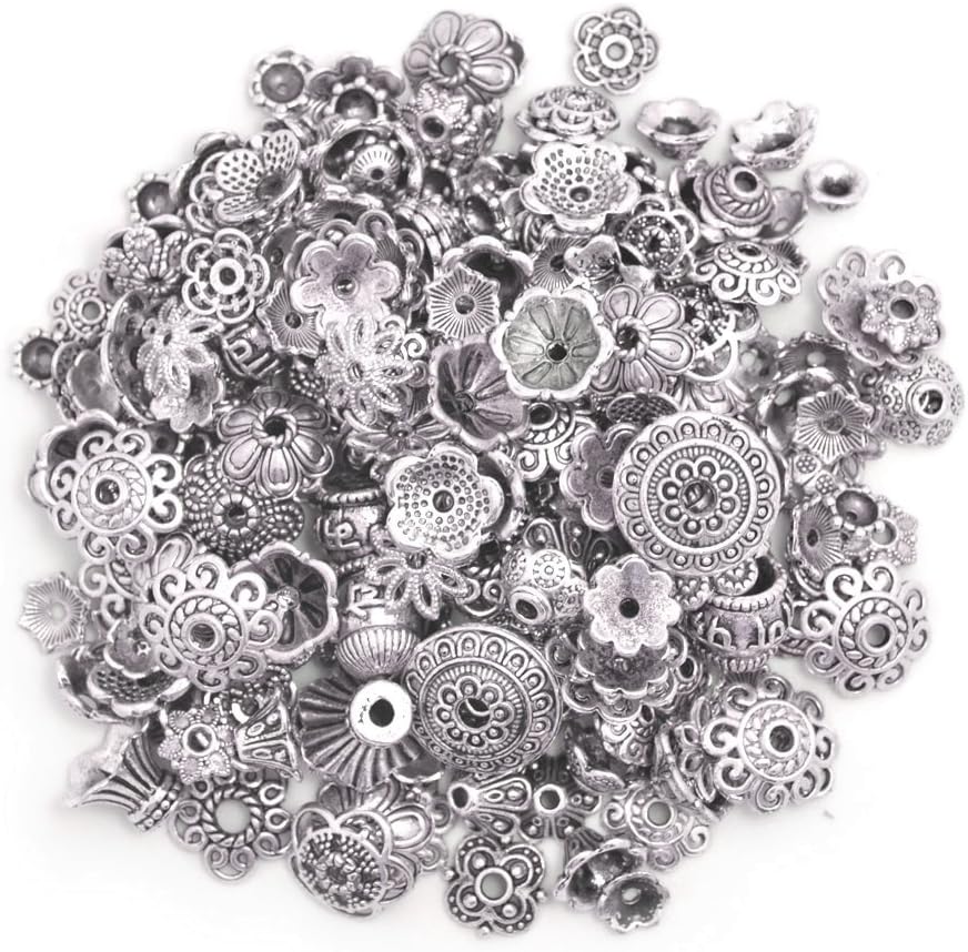 160-210pcs Bali Style Jewelry Making Metal Bead Caps Deluxe New Mix, 100 Gram,Tibetan Silver