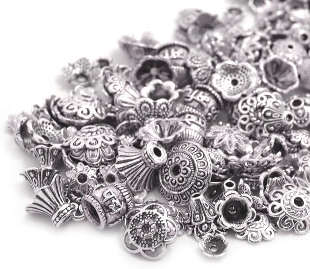 160-210pcs Bali Style Jewelry Making Metal Bead Caps Deluxe New Mix, 100 Gram,Tibetan Silver
