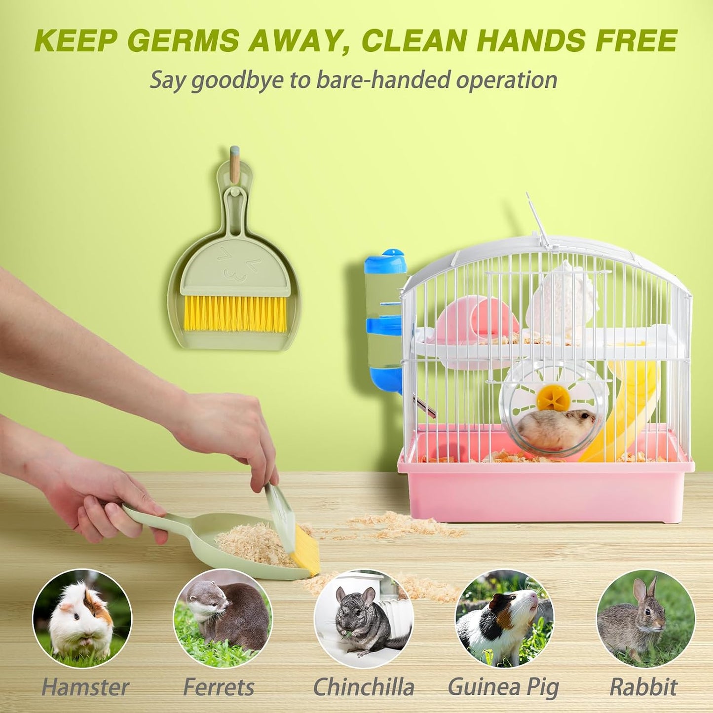 Mini Dustpan and Brush Set, Small Pet Cage Cleaner(Green) | Bunny Litter Box Brush, Fits Cage Corners, Hanging Hole Storage, Durable not Leak Ash
