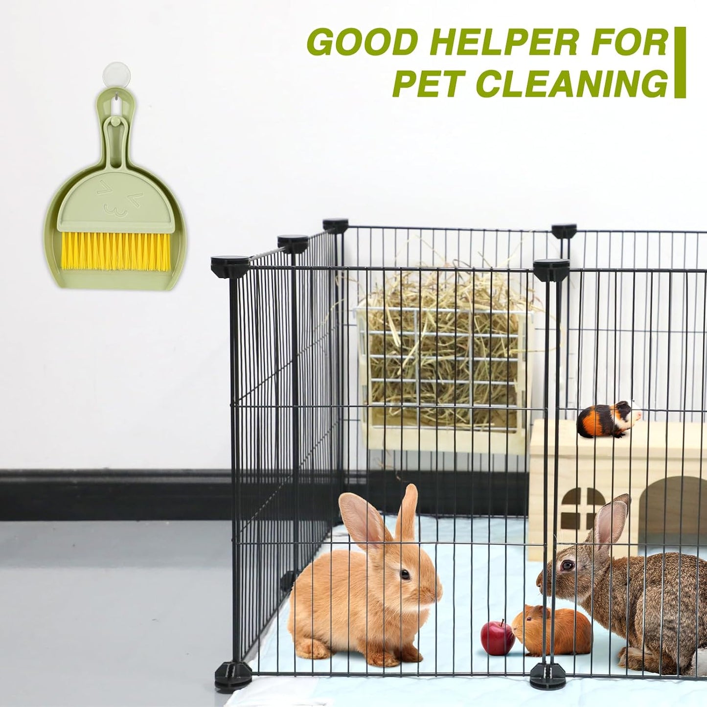 Mini Dustpan and Brush Set, Small Pet Cage Cleaner(Green) | Bunny Litter Box Brush, Fits Cage Corners, Hanging Hole Storage, Durable not Leak Ash