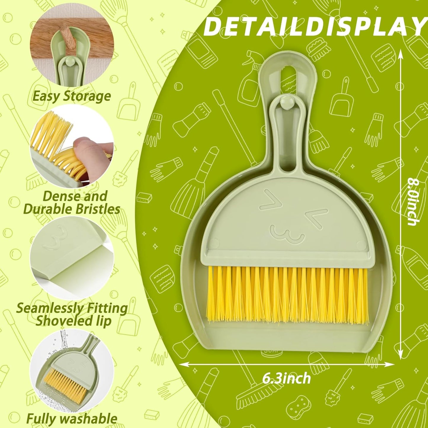 Mini Dustpan and Brush Set, Small Pet Cage Cleaner(Green) | Bunny Litter Box Brush, Fits Cage Corners, Hanging Hole Storage, Durable not Leak Ash