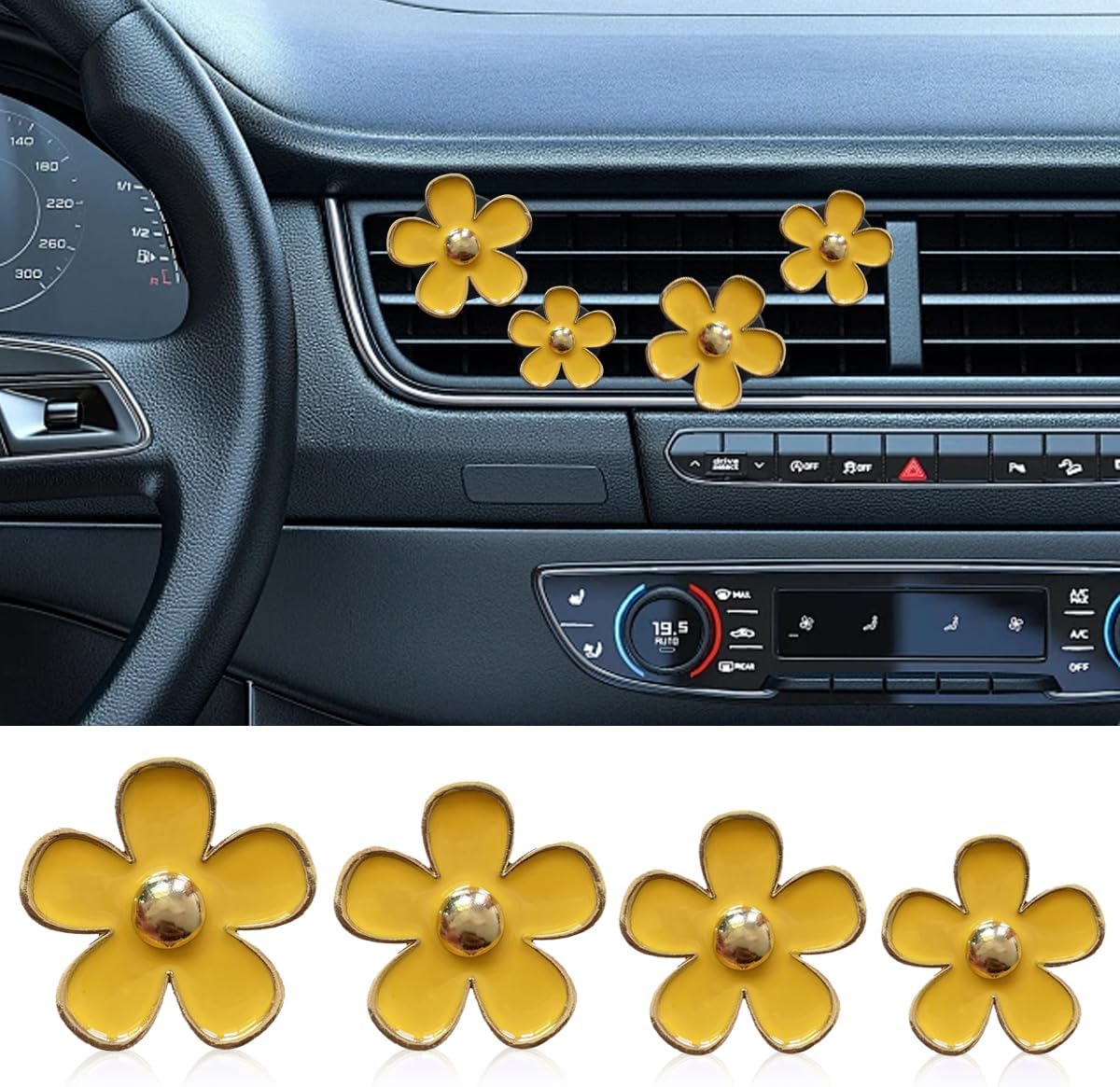 4PCS Daisy Air Vent Clips, Cute Flower Air Clip, Car Air Conditioning Outlet Clip, Car Diffuser Vent Clip Charm, Car Interior Decorations Accessories for Women (Yellow)