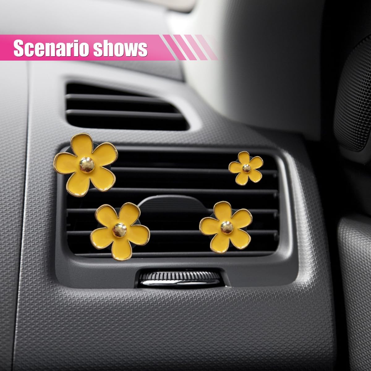 4PCS Daisy Air Vent Clips, Cute Flower Air Clip, Car Air Conditioning Outlet Clip, Car Diffuser Vent Clip Charm, Car Interior Decorations Accessories for Women (Yellow)
