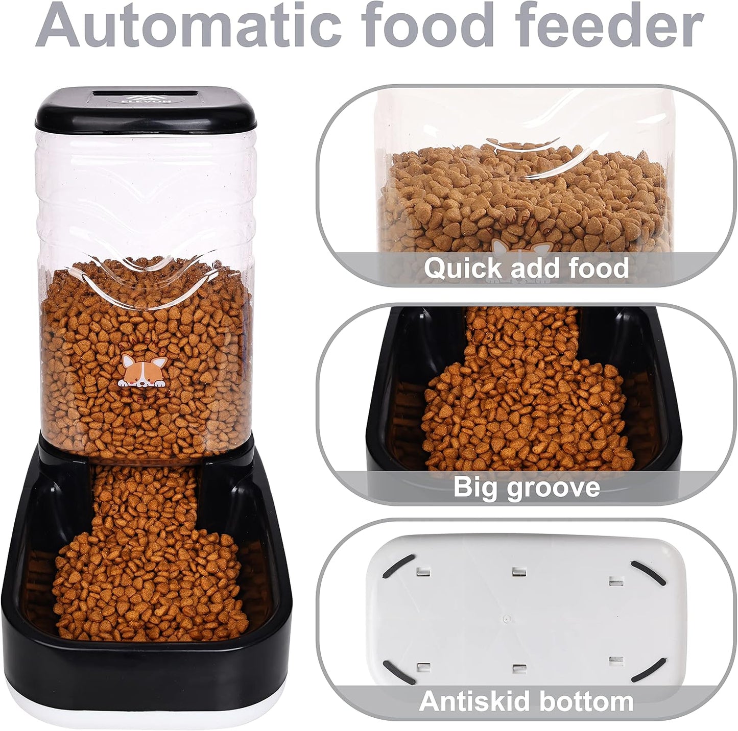 Automatic Cat Feeder, Gravity Food and Water Dispenser Bowl Set for Small Medium Dogs Animals, Pet Feeder Dispenser Storage Food, 3.8L Large Capacity, Black
