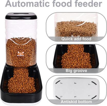 Automatic Cat Feeder, Gravity Food and Water Dispenser Bowl Set for Small Medium Dogs Animals, Pet Feeder Dispenser Storage Food, 3.8L Large Capacity, Black